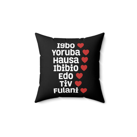 Nigerian Tribes Heart Pillow — Igbo Yoruba Hausa Ibibio Edo Tiv Fulani Accent Cushion