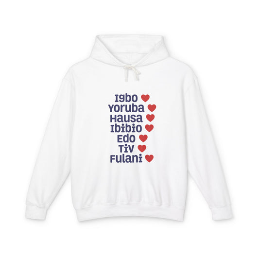 Hoodie: Nigerian Ethnic Pride List — Igbo Yoruba Hausa Ibibio Edo Tiv Fulani Hearts