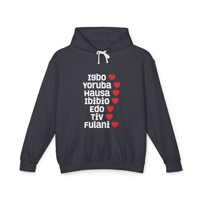 Hoodie: Nigerian Ethnic Pride List — Igbo Yoruba Hausa Ibibio Edo Tiv Fulani Hearts