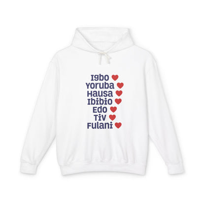 Hoodie: Nigerian Ethnic Pride List — Igbo Yoruba Hausa Ibibio Edo Tiv Fulani Hearts