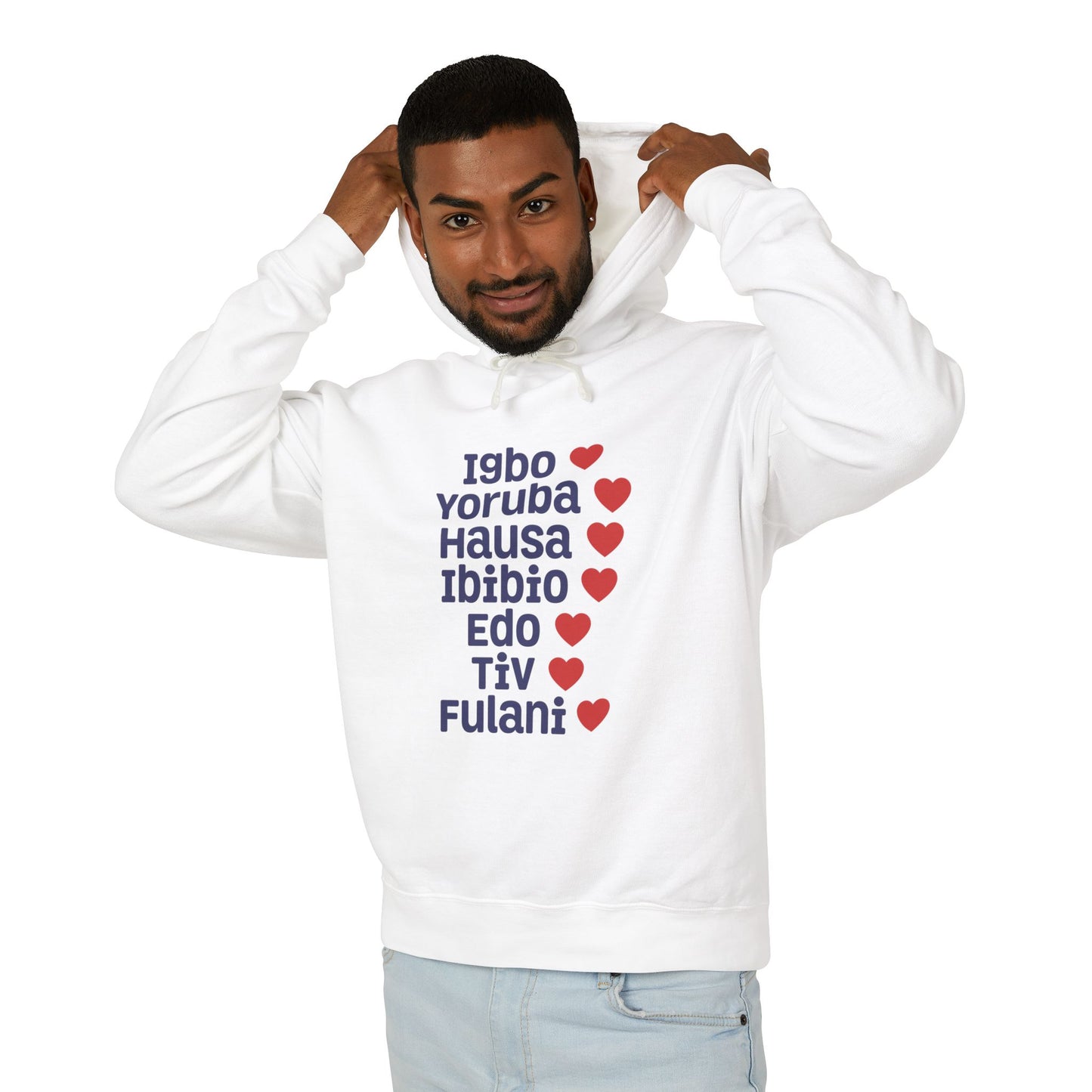 Hoodie: Nigerian Ethnic Pride List — Igbo Yoruba Hausa Ibibio Edo Tiv Fulani Hearts