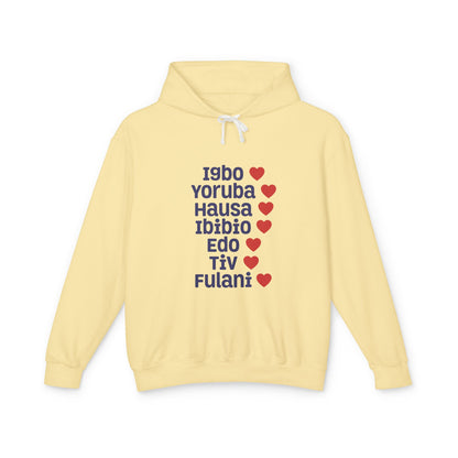 Hoodie: Nigerian Ethnic Pride List — Igbo Yoruba Hausa Ibibio Edo Tiv Fulani Hearts