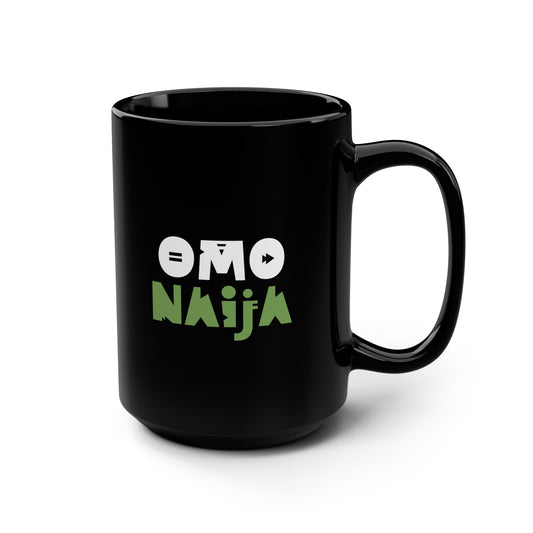 15oz Black Mug — Omo Naija Green Logo Coffee Cup