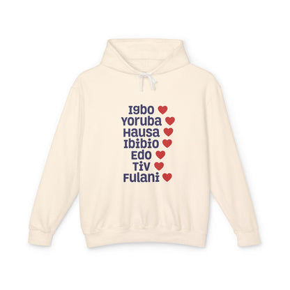 Hoodie: Nigerian Ethnic Pride List — Igbo Yoruba Hausa Ibibio Edo Tiv Fulani Hearts