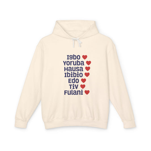 Hoodie: Nigerian Ethnic Pride List — Igbo Yoruba Hausa Ibibio Edo Tiv Fulani Hearts