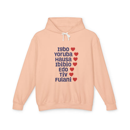 Hoodie: Nigerian Ethnic Pride List — Igbo Yoruba Hausa Ibibio Edo Tiv Fulani Hearts