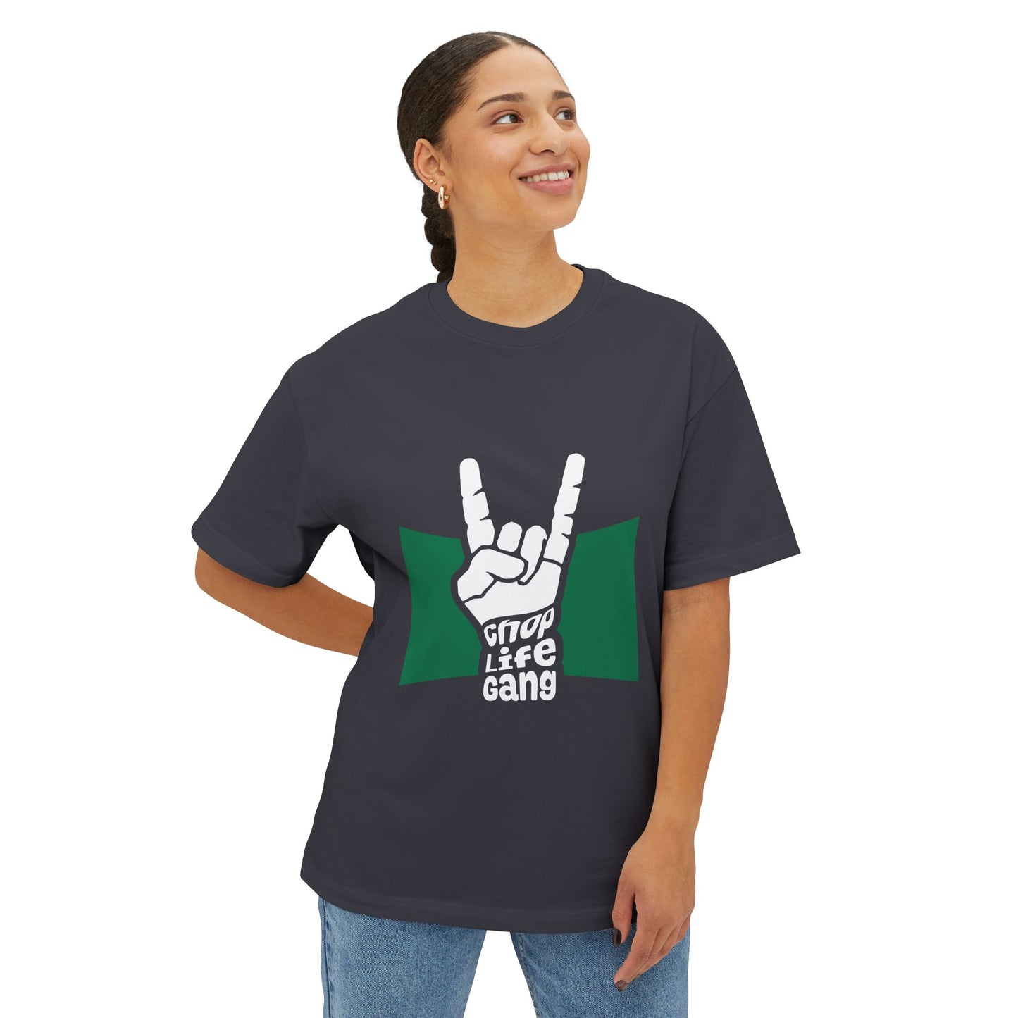 Rock Hand Graphic Tee — "Chop Life Gang" Oversized Boxy T-Shirt