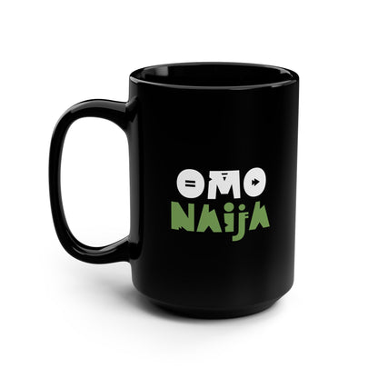 15oz Black Mug — Omo Naija Green Logo Coffee Cup