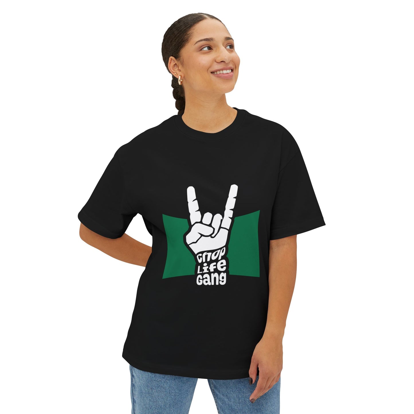 Rock Hand Graphic Tee — "Chop Life Gang" Oversized Boxy T-Shirt