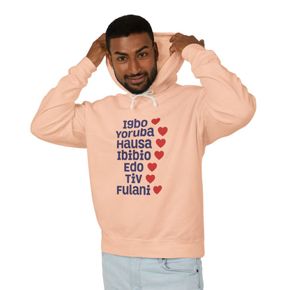Hoodie: Nigerian Ethnic Pride List — Igbo Yoruba Hausa Ibibio Edo Tiv Fulani Hearts