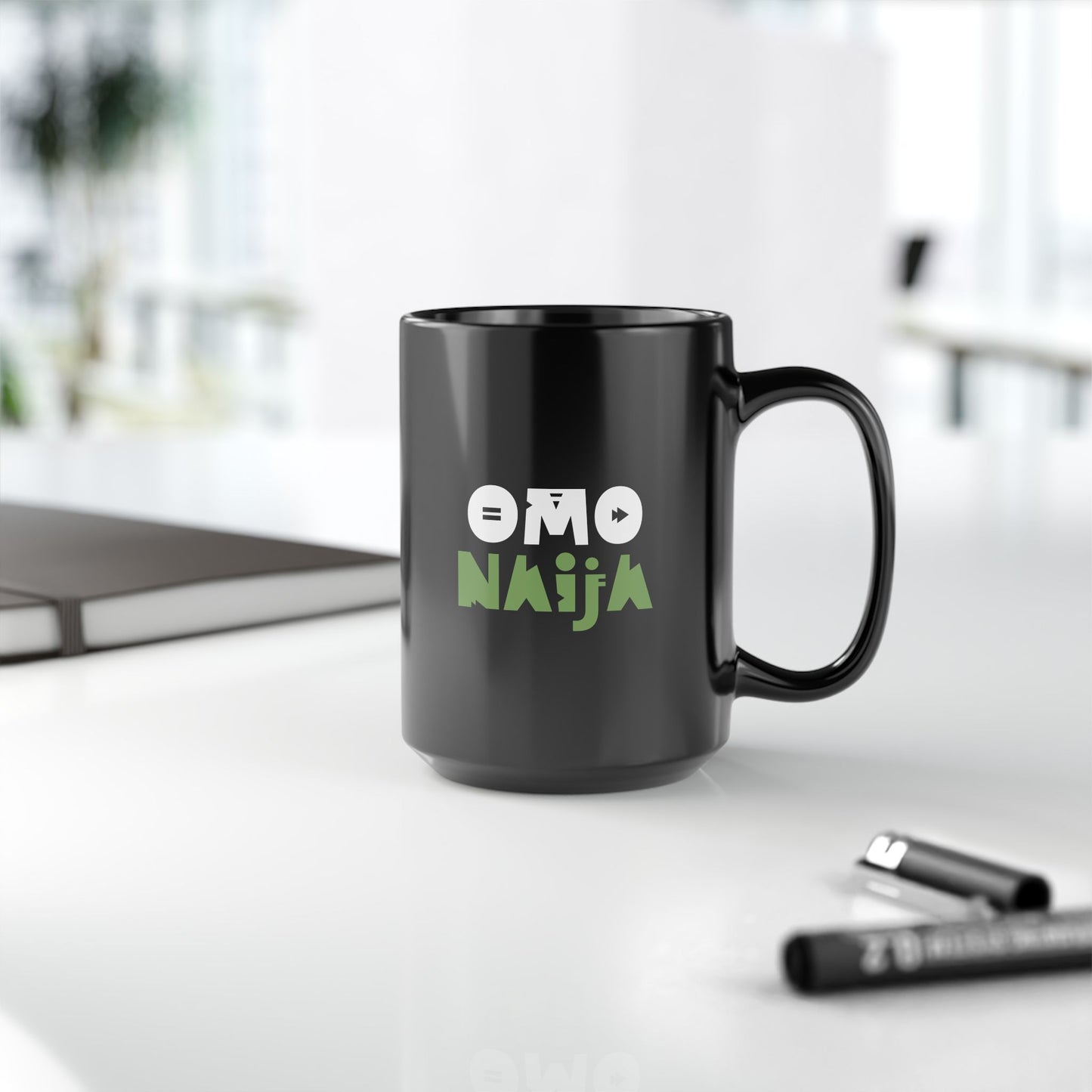 15oz Black Mug — Omo Naija Green Logo Coffee Cup