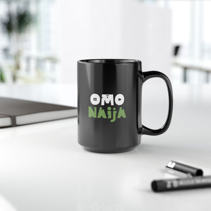 15oz Black Mug — Omo Naija Green Logo Coffee Cup