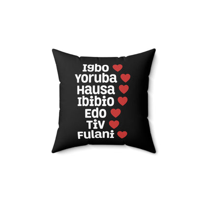 Nigerian Tribes Heart Pillow — Igbo Yoruba Hausa Ibibio Edo Tiv Fulani Accent Cushion